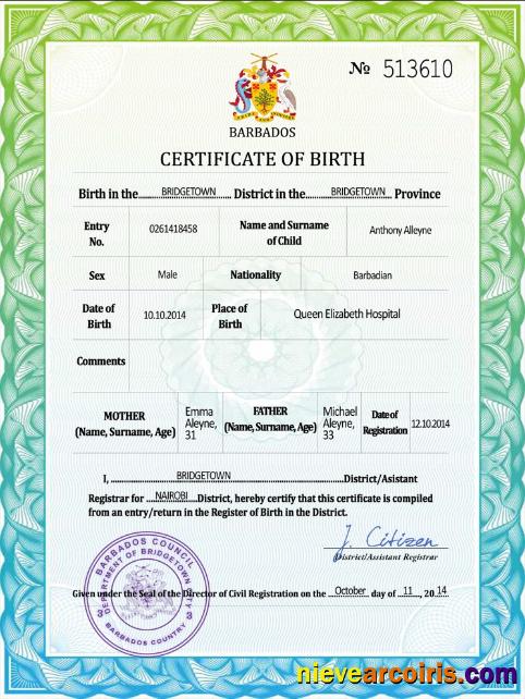 Barbados vital record birth certificate